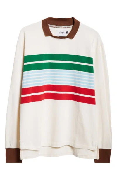 Drake's Long Sleeve Stripe Cotton Rugby T-shirt In White Green And Blue