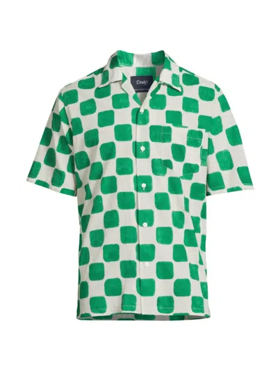 Drake's Men's Camp Collar Checkerboard Block Print Shirt In Green