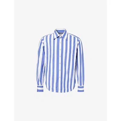 Drake's Mens Blue & White Striped Blocked Cotton Shirt