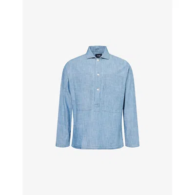 Drake's Mens Blue Chambray Spread-collar Popover Cotton Shirt