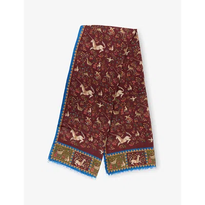 Drake's Mens Burgundy Unicorn-print Wool And Silk Scarf