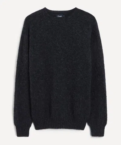 Drake's Drakes Mens Charcoal Brushed Shetland Crew Neck Jumper In Black