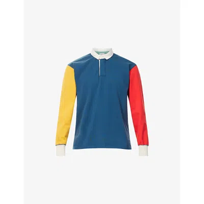 Drake's Mens Navy, Yel, Red, Green Colour-block Classic-collared Cotton Rugby Shirt In Blue