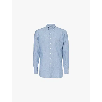 Drake's Mens Blue Striped Denim Button-down Regular-fit Linen And Cotton-blend Shirt