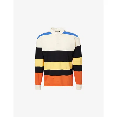 Drake's Mens Ecru Black & Orange Flamé Striped Cotton Rugby Shirt In Multi
