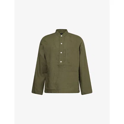 Drake's Mens Khaki Grandad-collar Long-sleeve Linen Shirt Xxl
