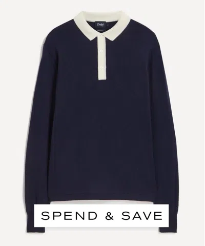 Drake's Drakes Mens Navy Merino Wool Knitted Rugby Shirt
