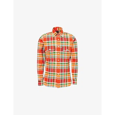 Drake's Mens Drakes Ticking Check-print Linen And Cotton Shirt In Red, Org & Green