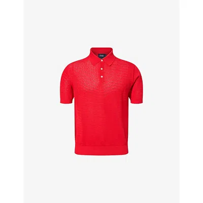 Drake's Mens Red Waffle-knit Short-sleeve Cotton Polo Shirt