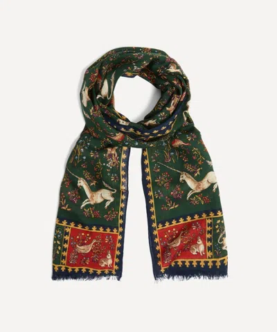 Drake's Unicorn Print Wool-silk Scarf In Green