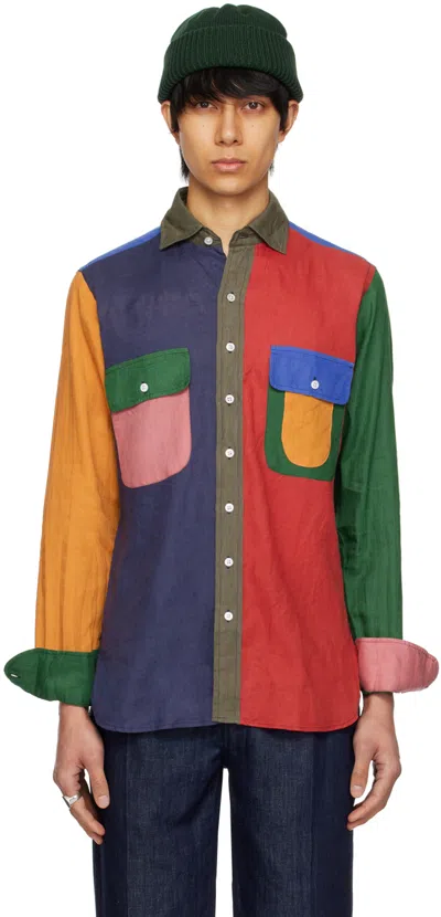 Drake's Multicolor Spread Collar Shirt In Blue