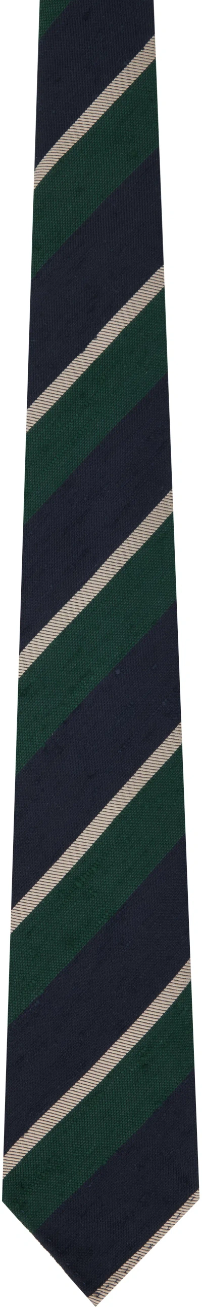 Drake's Navy & Green Shantung Multi Stripe Silk Tie In 252 Navy