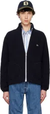 DRAKE'S NAVY BOUCLE WOOL ZIP FLEECE JACKET