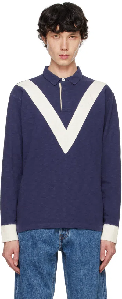 Drake's Navy Chevron Cotton Rugby Shirt In 250 Navy & Ecru