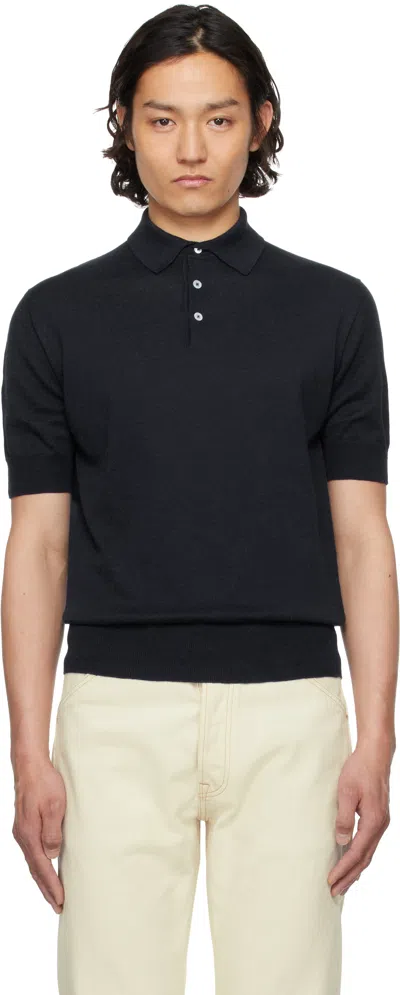 Drake's Navy Knitted Linen-cotton Short-sleeve Polo In 250 Dark Navy
