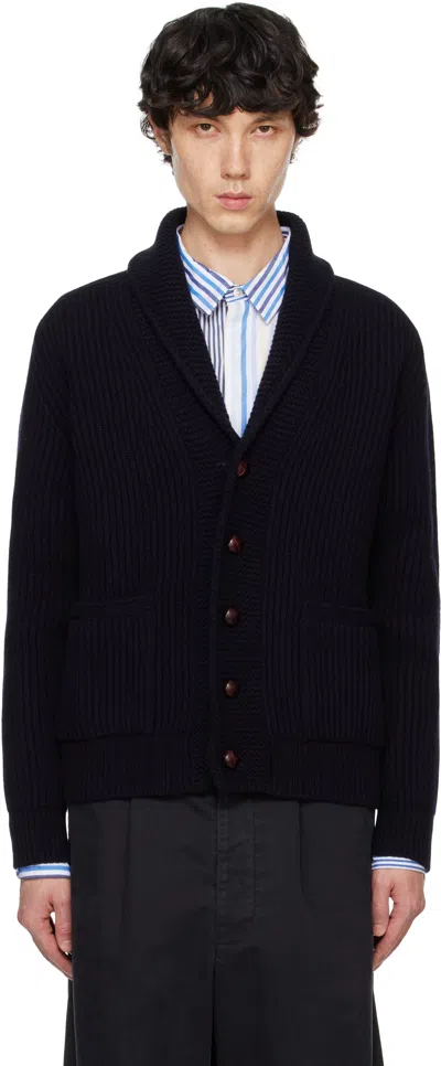 Drake's Navy Lambswool Shawl Collar Cardigan In 250 Navy