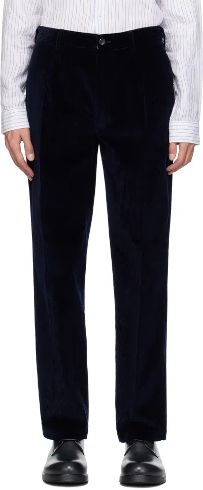 Drake's Navy One Pleat Chino Trousers In 250 Dark Navy