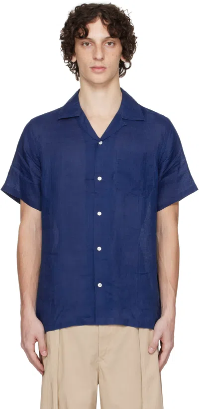 Drake's Navy Ramie Camp Collar T-shirt