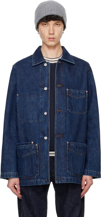 Drake's Navy Selvedge Five-pocket Denim Chore Jacket In 200 Stone Wash