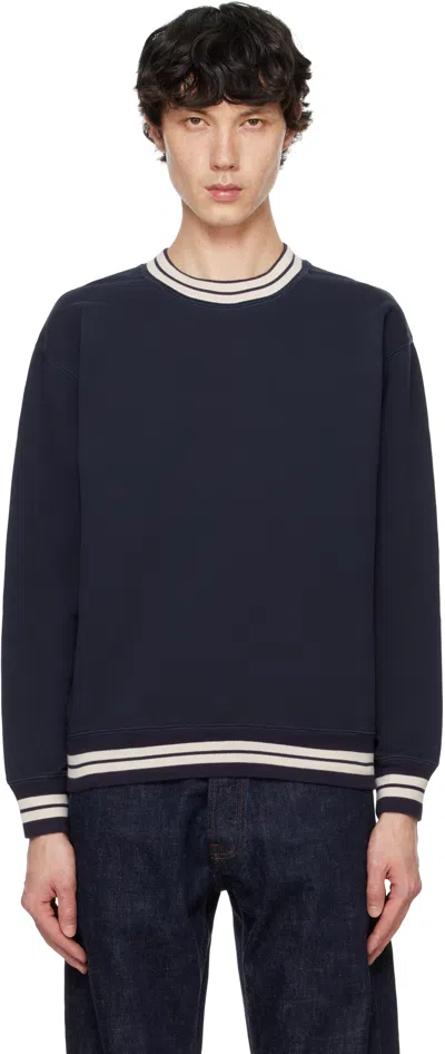 Drake's Navy Striped Rib Cotton Jersey Sweatshirt In 400 Navy & Ecru