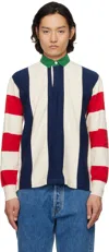 Drake's Off-white & Navy Vertical Block Stripe Cotton Rugby Polo In 052 Navy Red Ecru