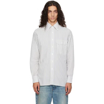 Drake's Off-white & Blue Stripe Linen-cotton Shirt In 052