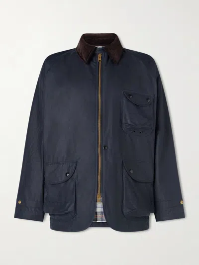 Drake's Padded Corduroy-trimmed Waxed-cotton Jacket In Blue