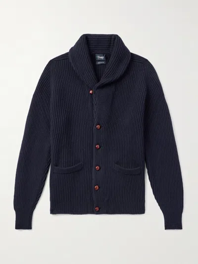 Drake's Shawl-collar Ribbed Wool Cardigan In Blue