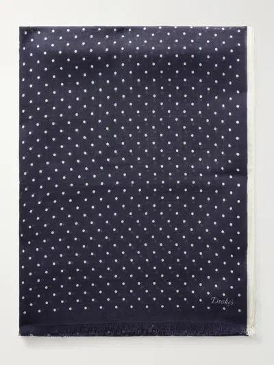 Drake's Shoestring Frayed Polka-dot Wool And Silk-blend Twill Scarf In Blue