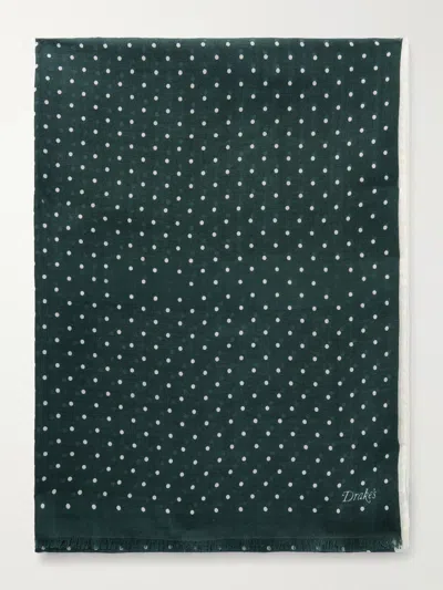 Drake's Shoestring Frayed Polka-dot Wool And Silk-blend Twill Scarf In Green