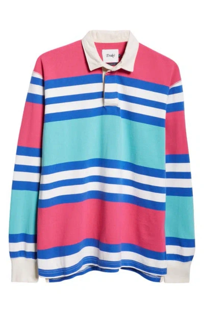 Drake's Stripe Long Sleeve Rugby Shirt In Pink Green And Blue