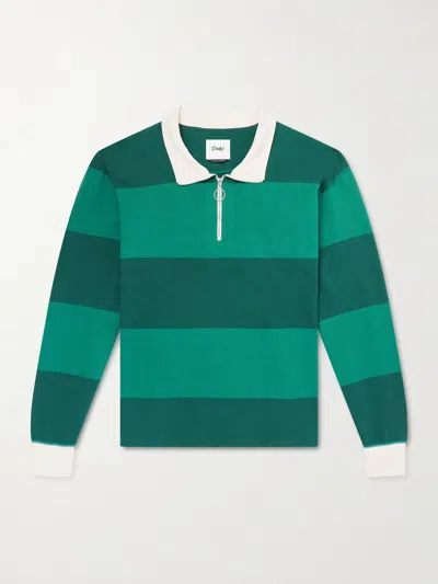 Drake's Striped Cotton-jersey Half-zip Polo Shirt In Green