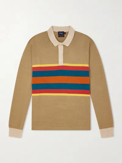 Drake's Striped Linen And Cotton-blend Polo Shirt In Brown