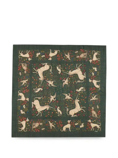 Drake's Unicorn Print Square Scarf In Green