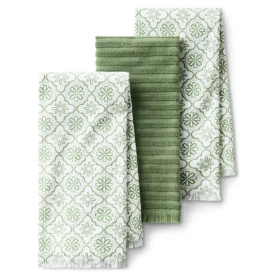 Draper James Allover Geo Floral Kitchen Towel 3-pack Set, Absorbent 100% Cotton, Blue, 17"x28" In Seafoam Green