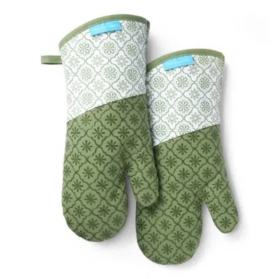 Draper James Allover Geo Floral Oven Mitt 2-pack Set, Heat Resistant & Non-slip Silicone Grip, Blue, 7"x14" In Seafoam Green