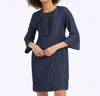 Draper James Chambray Ruffle Shift Dress In Dark Wash In Blue