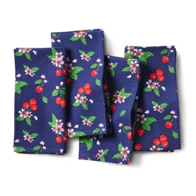Draper James Cherry Blossom Cloth Napkins 4-pack Set, Navy/red, 19"x19" In Blue