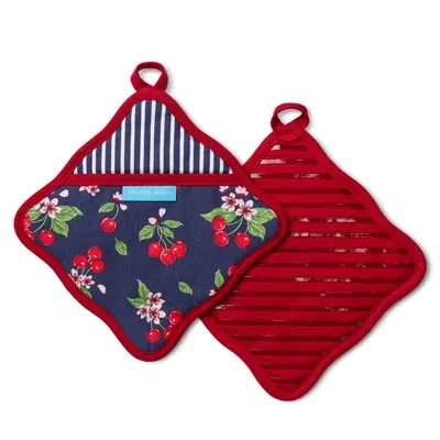 Draper James Cherry Blossom Scallop Edge Pot Holder 2-pack Set, Heat Resistant & Non-slip Silicone Grip, Navy/red