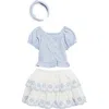 Draper James Kids' 3-piece Puff Sleeve Top & Tiered Skirt Set In Heather Blue/snow White