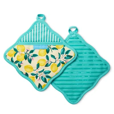 Draper James Lemon Blossom Scallop Edge Pot Holder 2-pack Set, Heat Resistant & Non-slip Silicone Grip, Yellow/gr