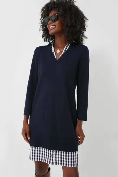 Draper James Wool And Cotton Combo Sweaterdress In Navy Blue White Checkered