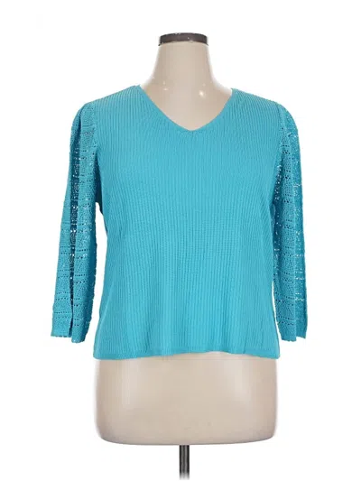 Pre-owned Draper's & Damon's 3/4 Sleeve Top Teal V Neck Tops In Blue
