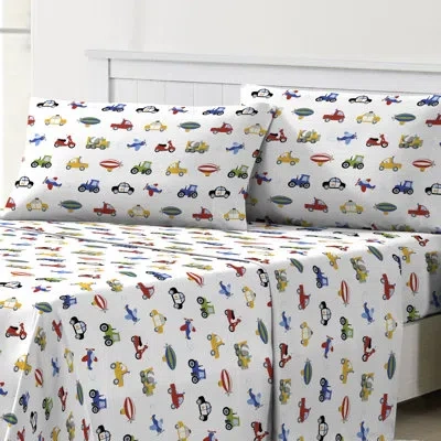 Dream Factory Trains & Trucks Sheet Set In Blue,red,yellow