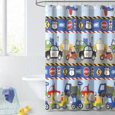 Dream Factory Trucks & Trains Cotton Blend Shower Curtain In Blue