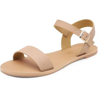 Dream Pairs Women's Ankle Strap Flat Open Toe Band Flat Sandals In Tan In Neutral