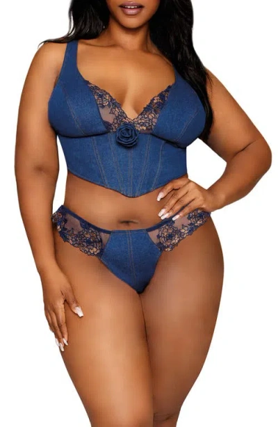 Dreamgirl Embroidered Trim Denim Bustier & Thong
