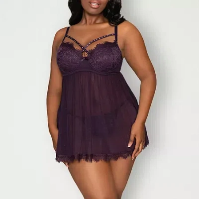 Dreamgirl Eyelash Lace & Mesh Babydoll & G-string Plus Set - 12378x In Purple