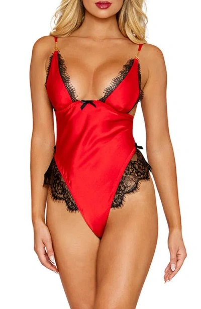 Dreamgirl Eyelash Lace Trim Satin Teddy In Red