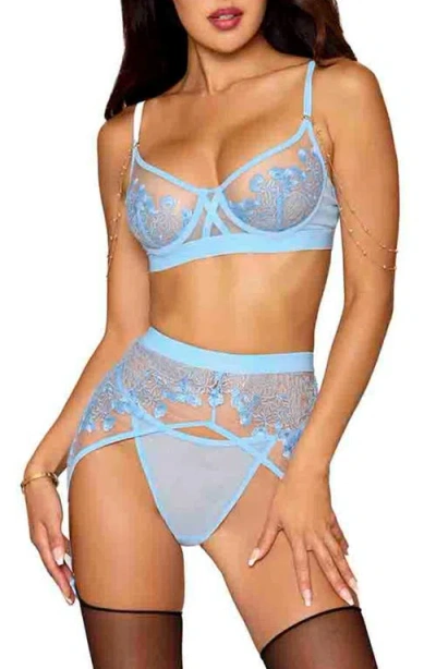 Dreamgirl Floral Embroidered Bra, Garter Belt & G-string Set In Blue
